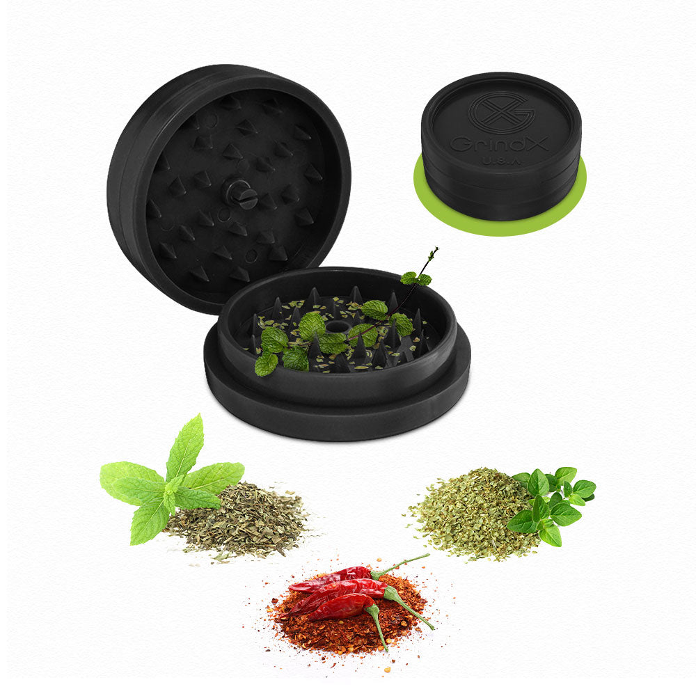 GrindX Herb & Spice Grinder Plastic Black - Oregano Mint & Chili Pepper 2-Piece 2.2-Inch Made In The USA.