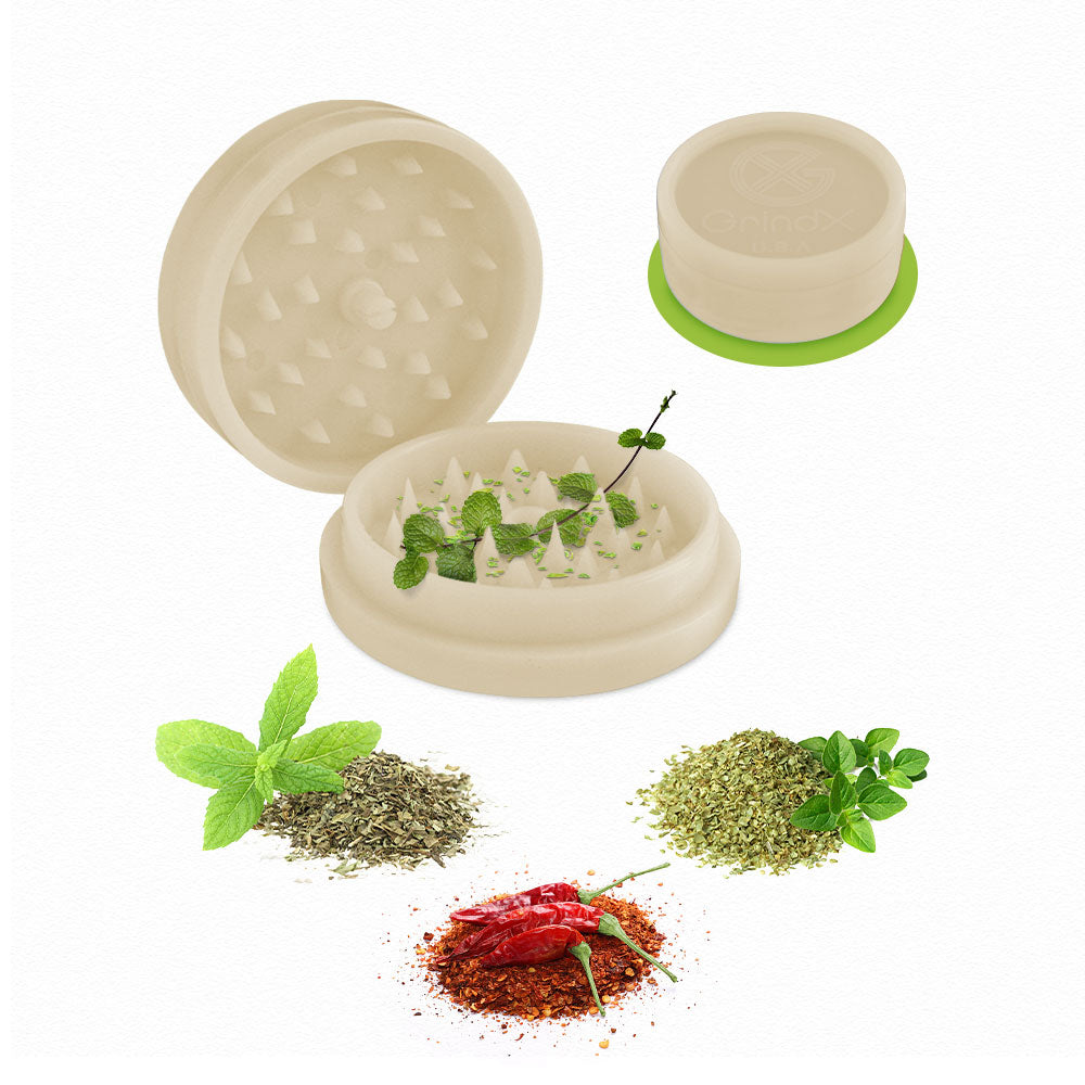 GrindX Herb & Spice Grinder Plastic Glow-Green - Oregano Mint & Chili Pepper 2-Piece 2.2-Inch Made In The USA.