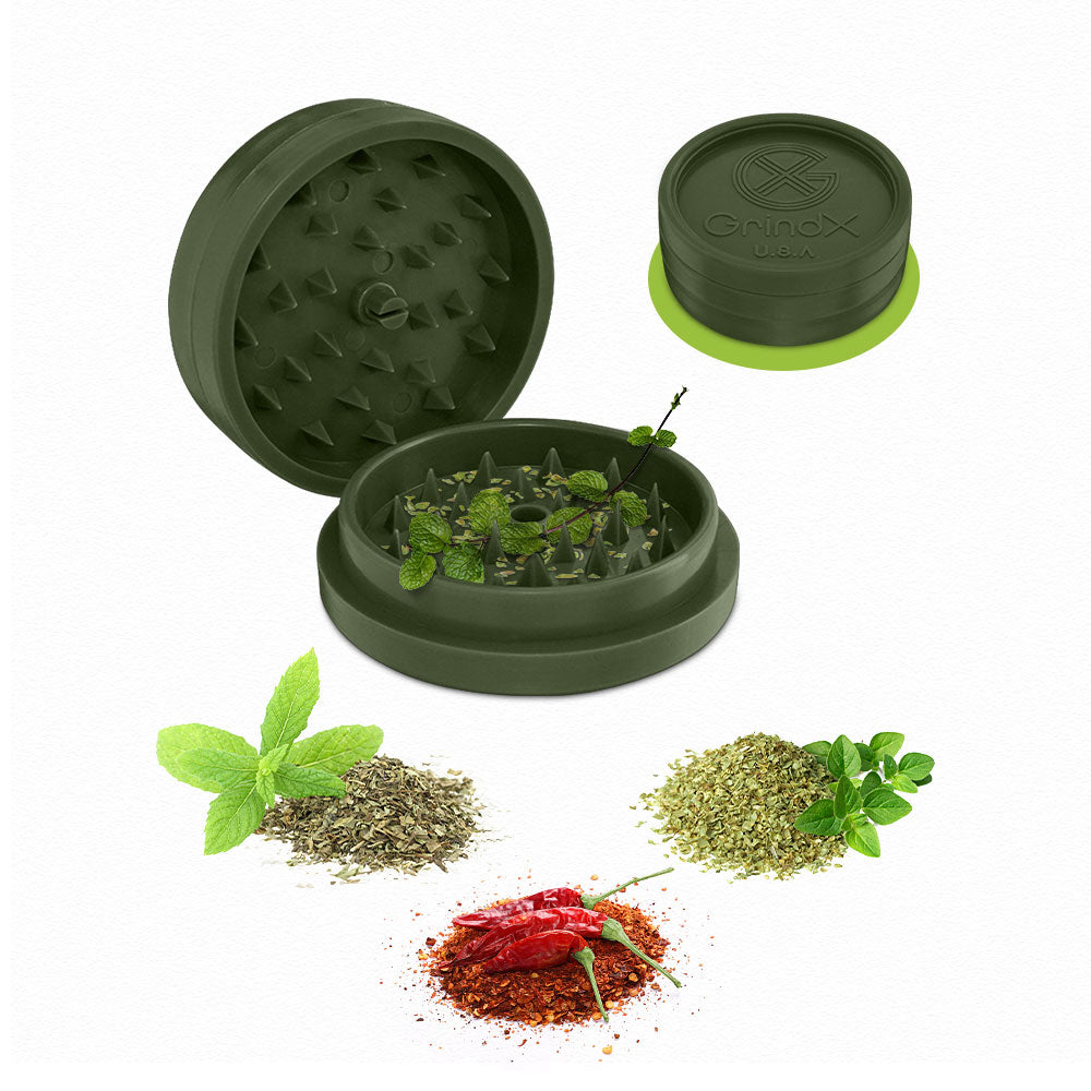 GrindX Herb & Spice Grinder Plastic Green - Oregano Mint & Chili Pepper 2-Piece 2.2-Inch Made In The USA.