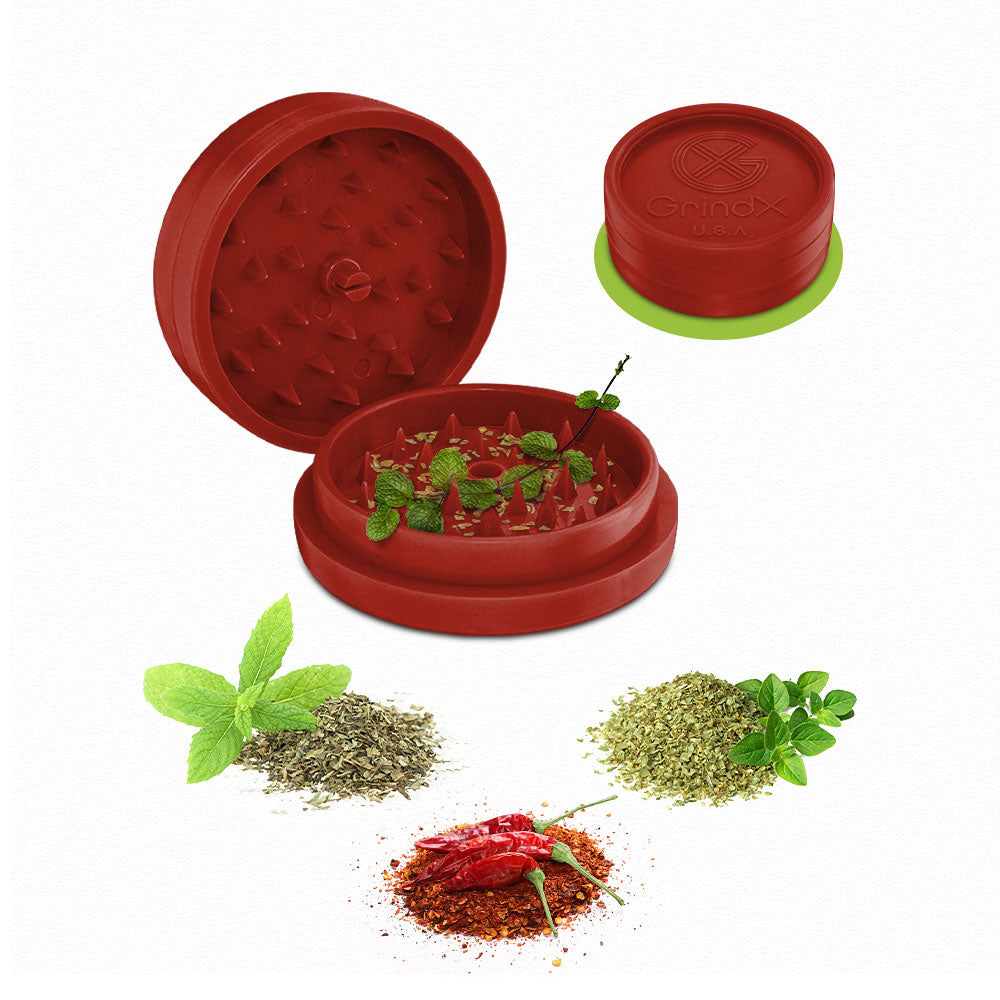 GrindX Herb & Spice Grinder Plastic Red - Oregano Mint & Chili Pepper 2-Inch 2.2 Pieces Made In The USA.