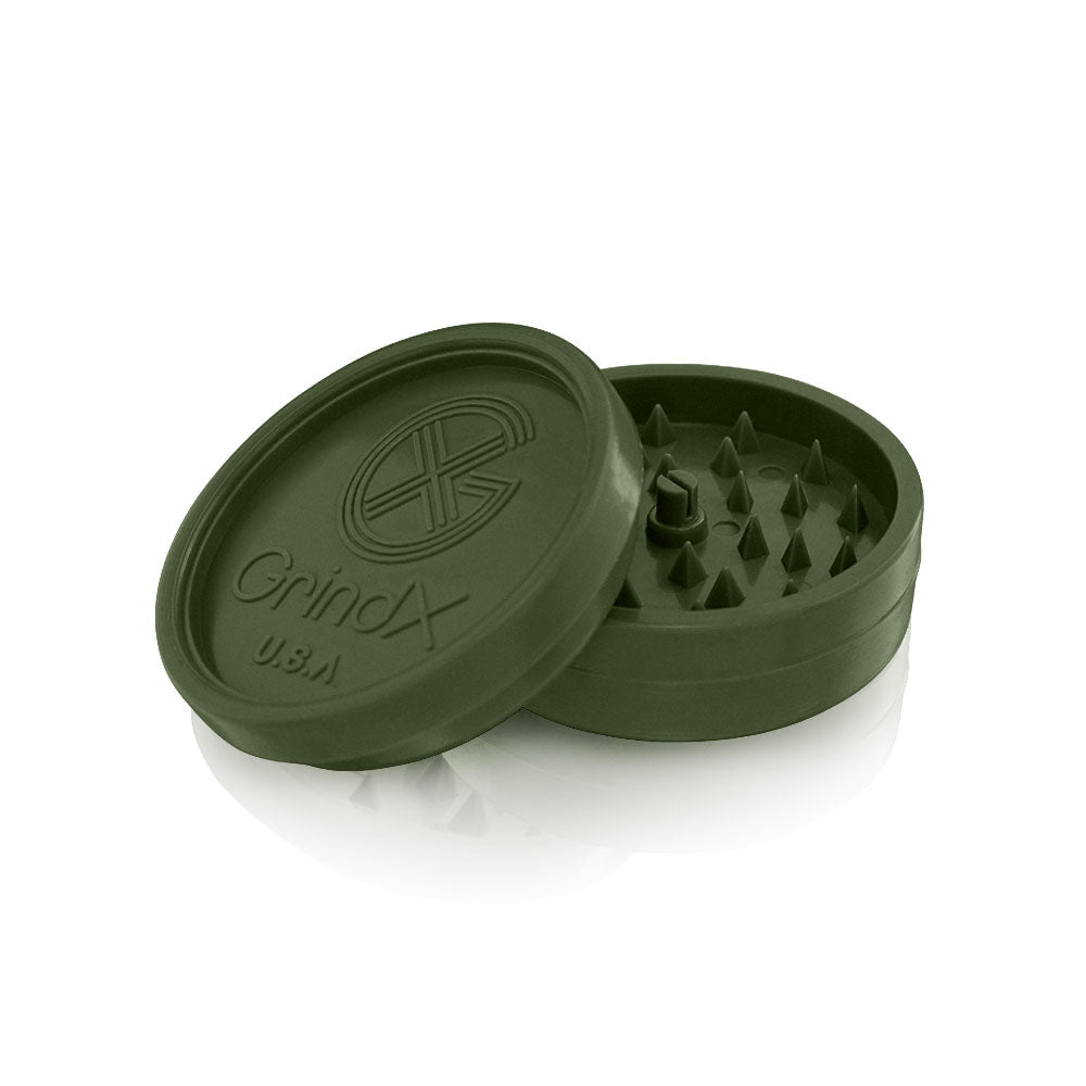 GrindX Herb & Spice Grinder Plastic Green Open Flat 2-Piece 2.2-Inch Made In The USA.