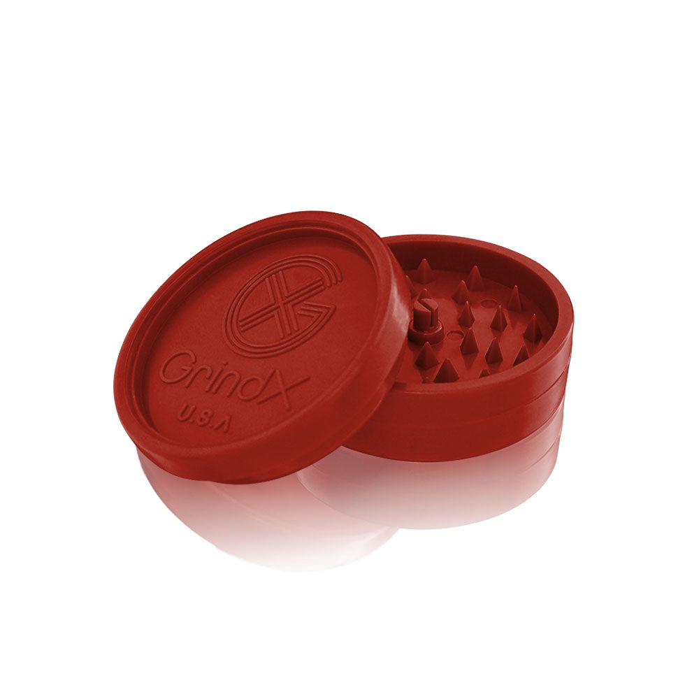 GrindX Herb & Spice Grinder Plastic Red Open Flat 2-Piece 2.2-Inch Made In The USA.