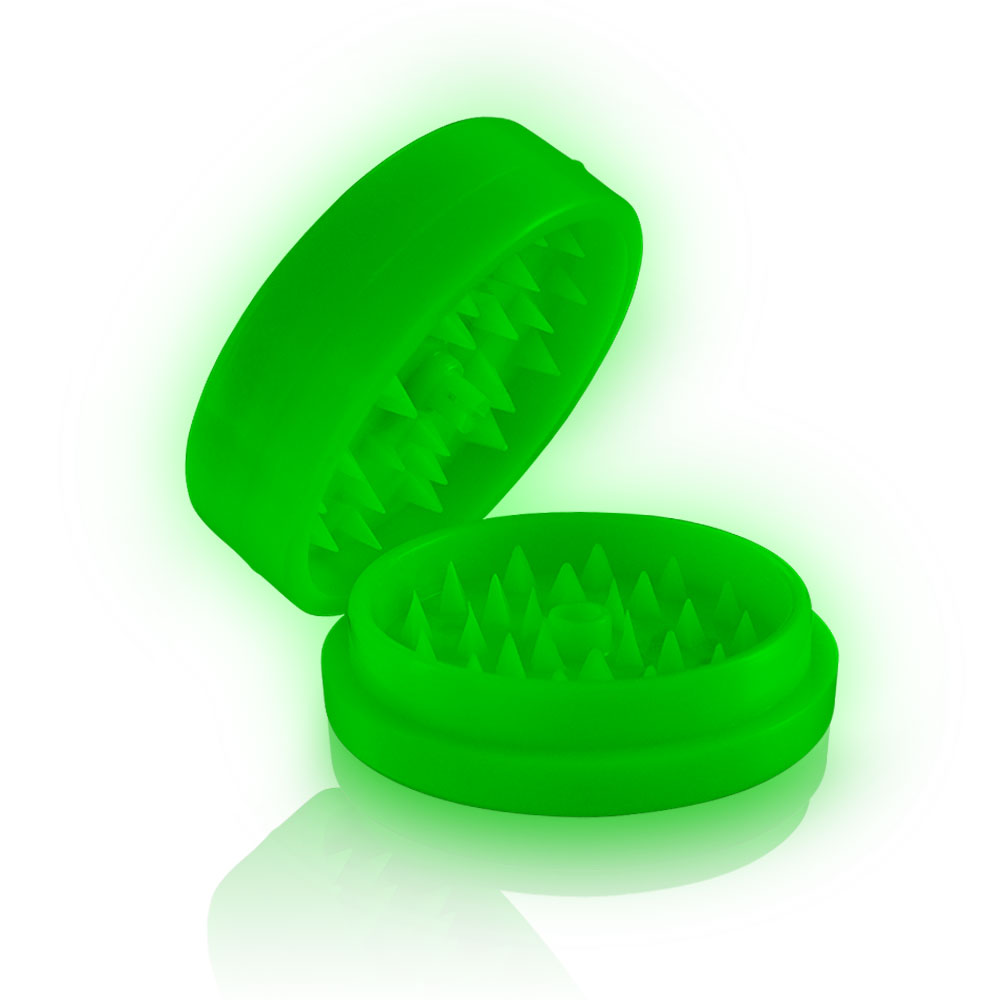 GrindX Herb & Spice Grinder Plastic Glow-Green Teeth Half Open 2-Piece 2.2-Inch Made In The USA.